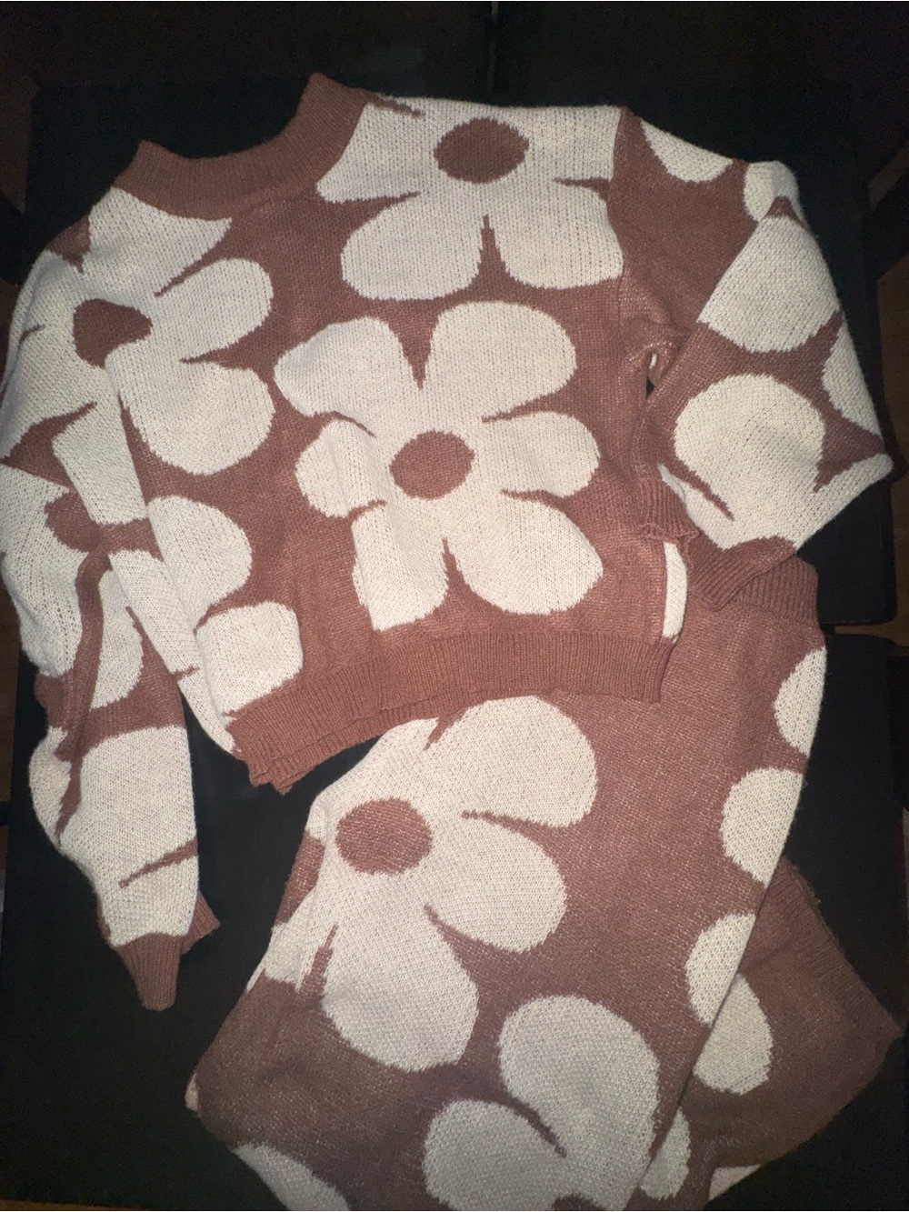 Cozy Floral Knit Sweater Set in Mauve and Cream